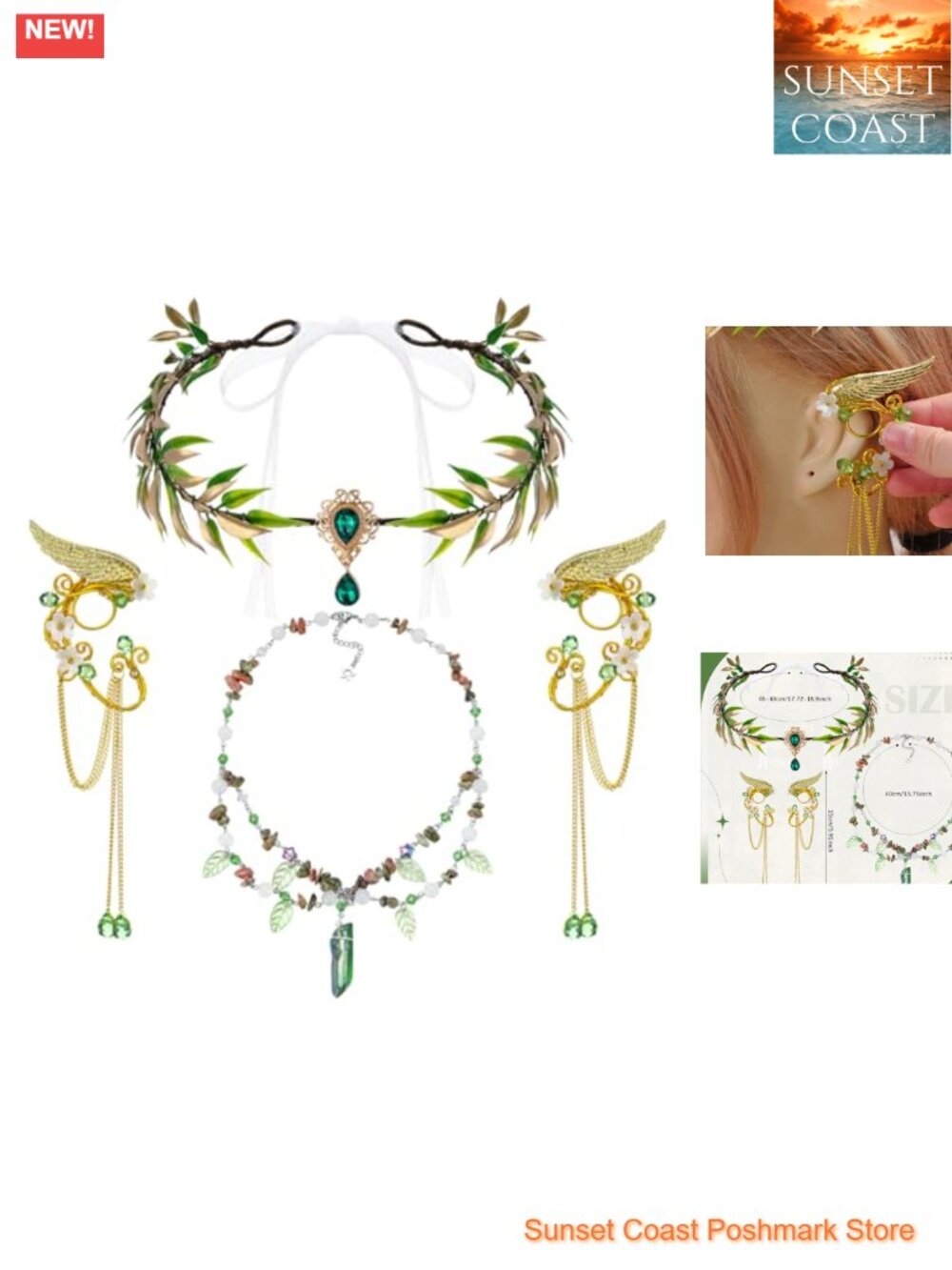 Renaissance Fairy Accessory Set Leaf Headpiece Earrings Necklace